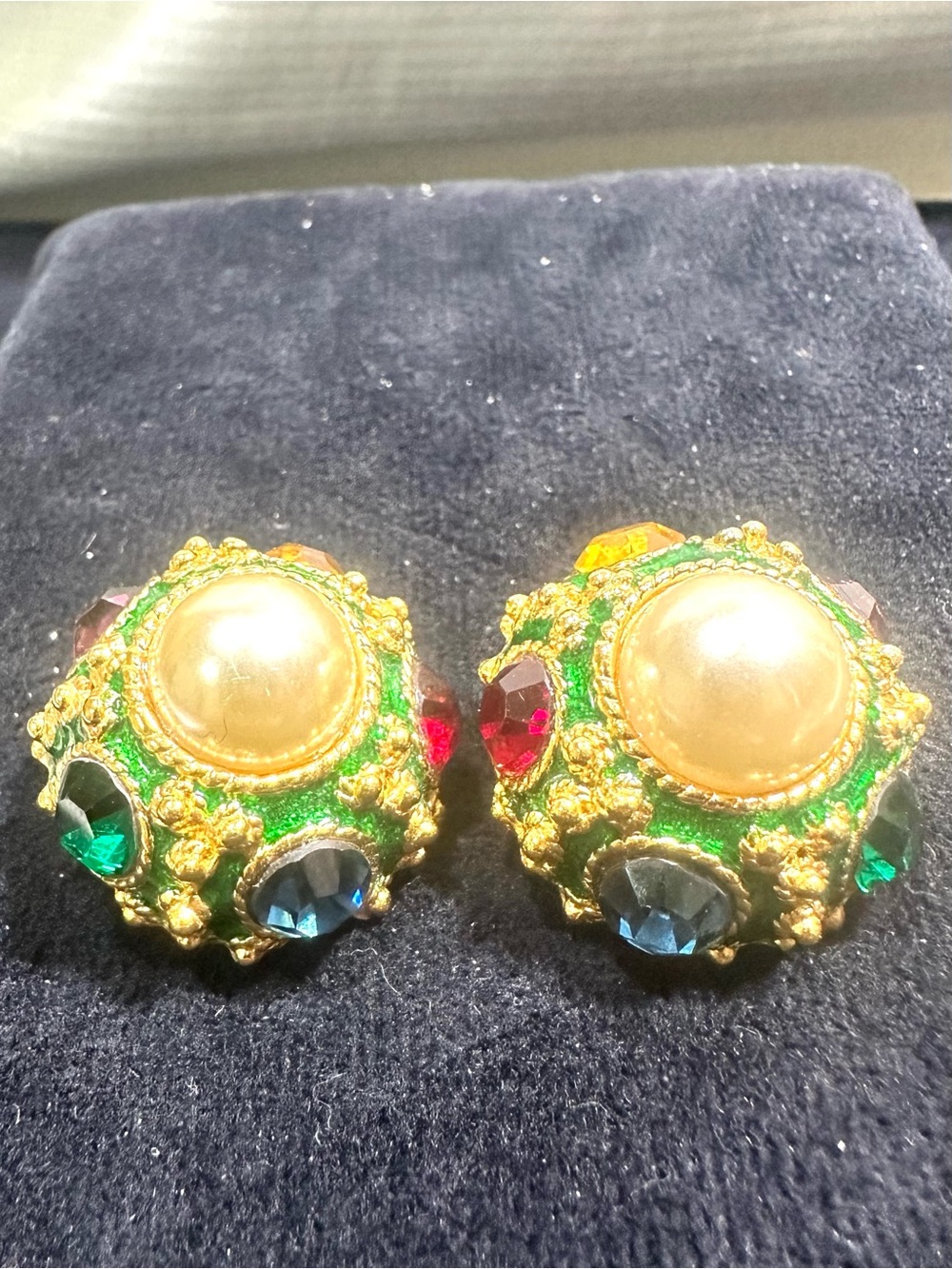 Vtg: Blanca Multicolored Gemstone & Faux Pearl Button Style Clip On Earrings